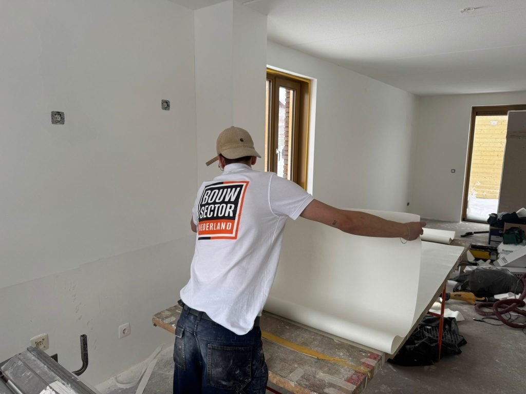 Vakman van Bouwsector Nederland draagt een lange baan behang door een lichte kamer