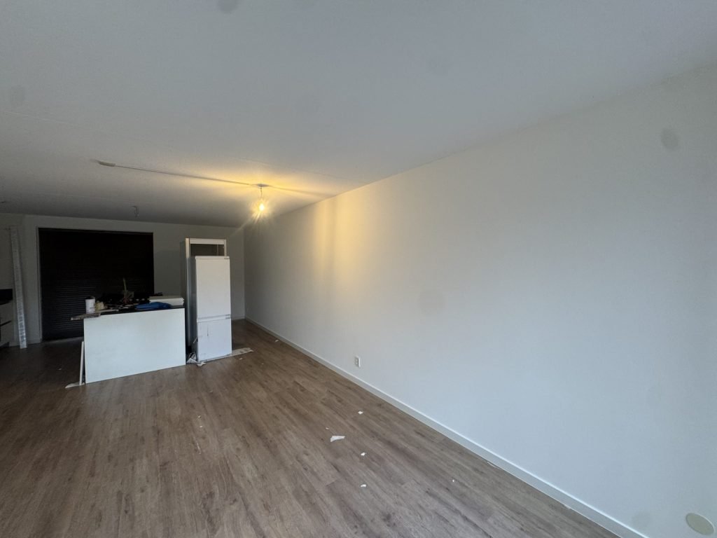 Lange, gladde witte wand in een woonkamer met keukenblok en laminaatvloer